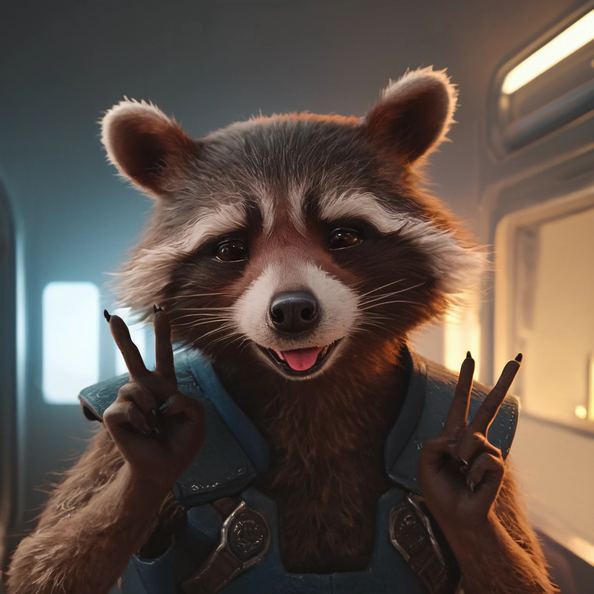 score_9, score_8_up, score_7_up, BREAK  <lora:rraccoon_ponyxl-000004:1> rraccoon2024, male, realistic, dark eyes, looking at viewer, cute pose, peace sign, tongue out, spaceship interior, backlighting, <lora:add-detail-xl:1> <lora:xl_more_art-full_v1:1>