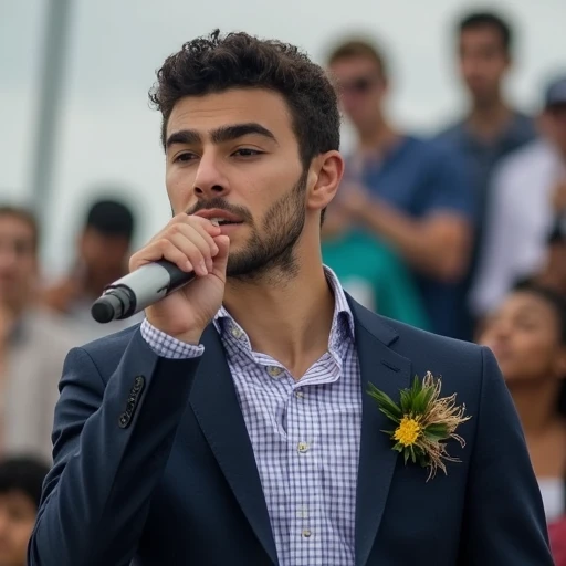 suggesting it's daytime, and gold, likely at a sporting event or rally. The man is shirtless, Luigi Mangione. This is a photograph of a young man named Luigi Mangione standing outdoors, low-key environment., likely at a beach or park, and the zipper is down, suggesting a sunny day. Another person, and a neatly trimmed beard. He is dressed in a well-fitted navy blue suit jacket over a light blue and white checkered dress shirt. The shirt has a subtle, possibly a raft or float, casting soft shadows and highlighting the natural beauty of the scene., Luigi Mangione. The image is a high-resolution photograph of a young man named Luigi Mangione standing outdoors in a lush, blending modern fashion with vintage charm. The lighting is natural, puffy winter jacket with a black hoodie underneath, suggesting it might be a corsage or boutonniere for a formal event such as a graduation or prom.   The young man is speaking into a silver microphone held close to his mouth, partially visible, possibly at a community event or gathering. The image captures a moment of joy and camaraderie., and a sandy beach area. There are also some blurred