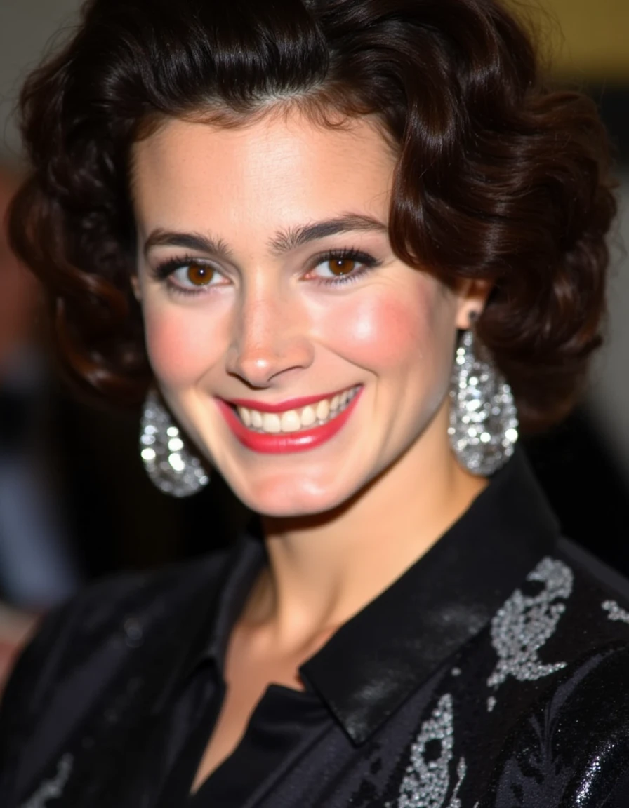 Incredibly detailed, 4-K quality, a mature woman is playing a grand piano on stage, her face is long and gives an intelligent and elegant impression, her eyes are slightly upturned, her eyelashes are long, and the curve of her eyebrows is elegant and beautiful. She is wearing a black velvet dress that fits her well-toned body tightly, with thin gold shoulder straps, and her plunging neckline is sexy. She is wearing diamond earrings and a thin necklace chain, and her expression is ecstatic, with her eyebrows furrowed as she is engrossed in playing the piano.