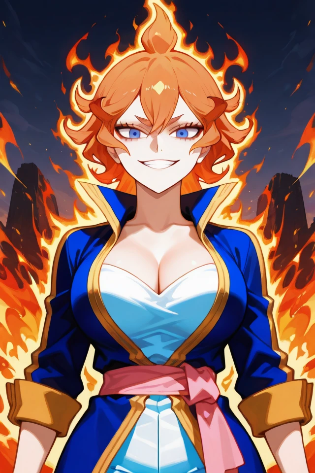 score_9, score_8_up, score_7_up, source_anime, rating_safe, masterpiece, best quality, cowboy shot, (solo), (1girl), (mereoleona vermillion), (black clover), grin, standing, (blue eyes), (orange hair), long hair, medium hair, short hair, red cape, blue coat, popped collar, white shirt, pink sash, white pants, large breasts, fire, (looking at you), close-up, (looking at viewer), front viewer, seductive smile, smile, sexy girl, sexy female, seductive girl, seductive female, big eyes, (perfect eyes), (ultra detail eyes), intricate detail, extremely detailed, (intricate detail eyes, extremely detailed eyes), Expressiveh, bettereyes, cleavage, erotic girl, erotic female, fiery hair, flaming eye, pyrokinesis, spiked hair, outdoors background, <lora:MereoleonaVermillionApexAiIllustrious:0.7>