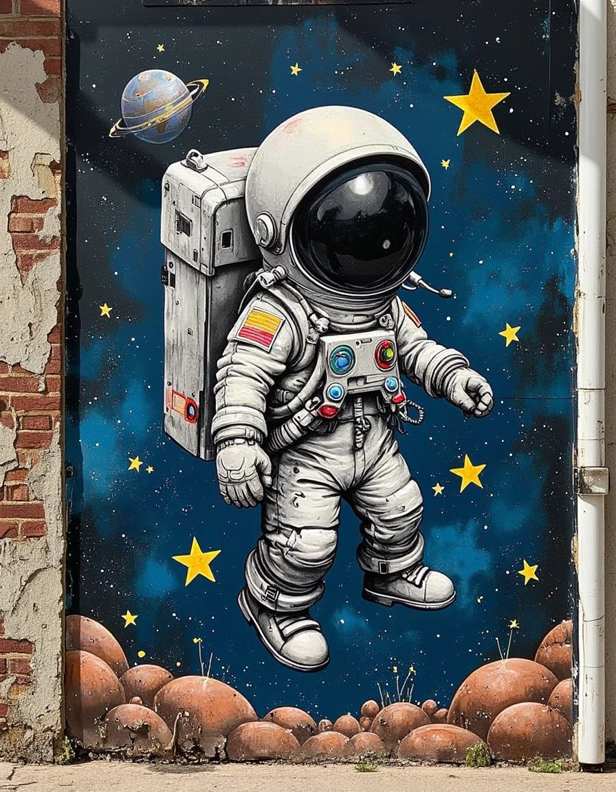 Street-Artji,Street art infused with a sense of wonder:0.6, portraying a whimsical astronaut:0.4 floating among a sea of stars:0.4, capturing the childlike curiosity and awe of space exploration:0.3, executed with playful and imaginative strokes <lora:Street_Artji_v1:1>