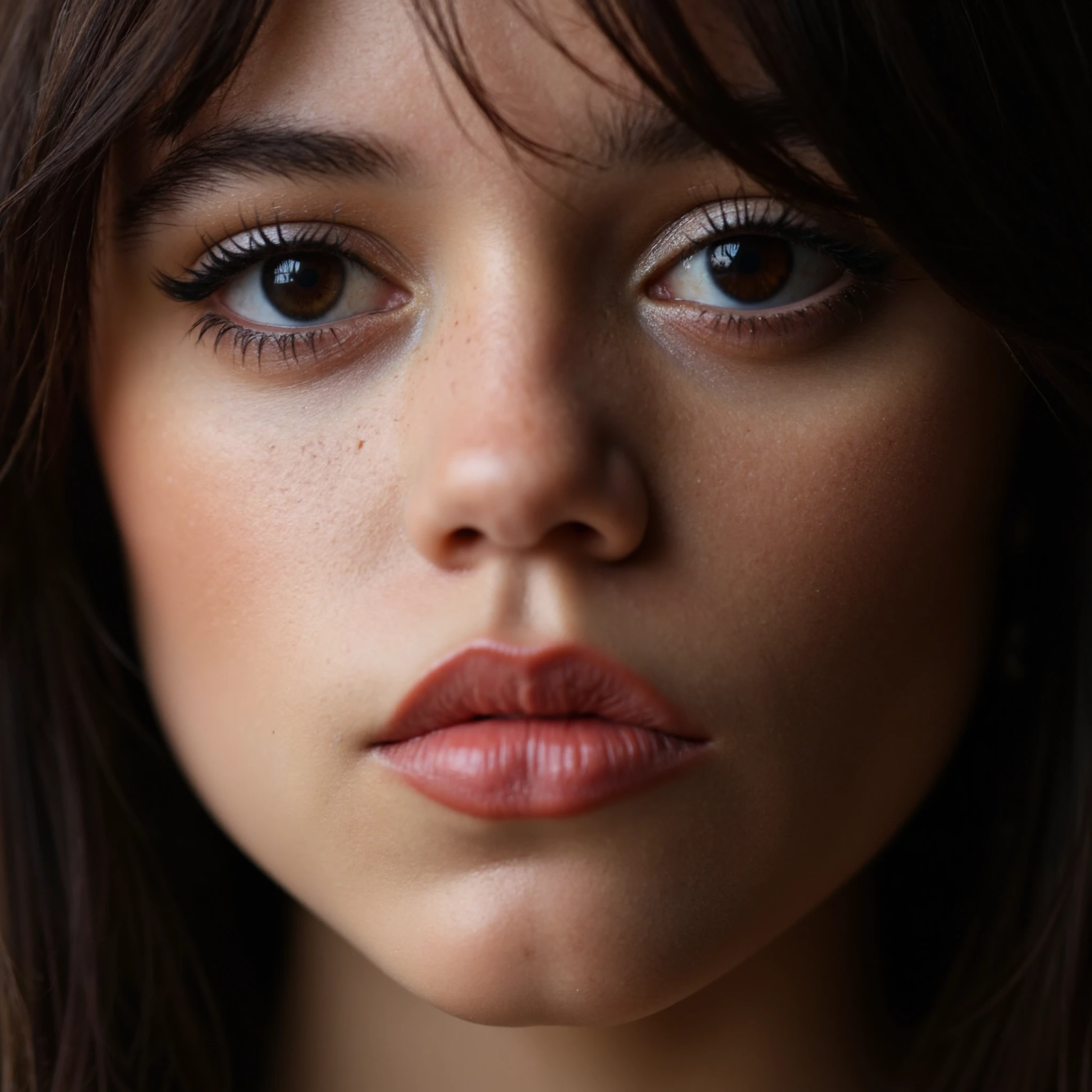 Closeup studio portrait of a woman with moist wet looking lips. Her eyes are the main focus of the photograph.