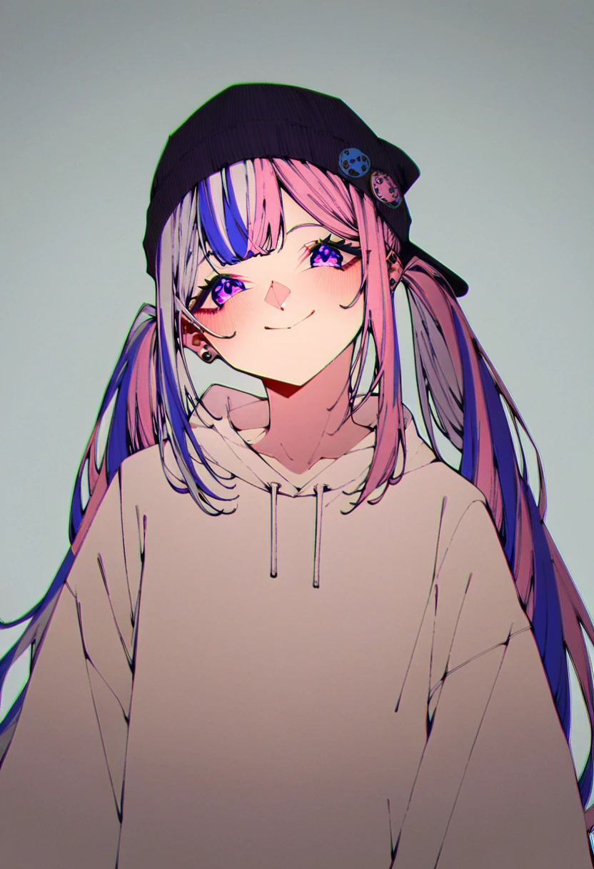 score_9, score_8_up, score_7_up, score_6_up, 1girl, bangs, baseball cap, beanie, closed mouth, long hair, looking at viewer, multicolored hair, purple eyes, smile, solo, streaked hair, twintails, two-tone hair, virtual youtuber,  <lora:Just_black_and_yellow:1>