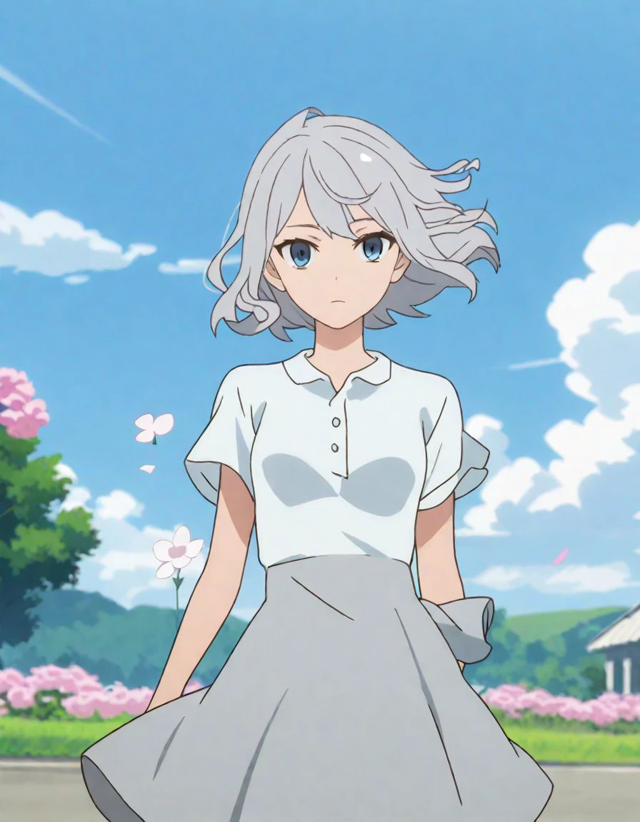 1girl , grey hair, floating hair , (wind:0.8), outdoors , flower , looking at viewer , shirt, skirt, dress , upper body
, scrore_9, score_8_up, score_7_up, screencap
<lora:quartet2:1>