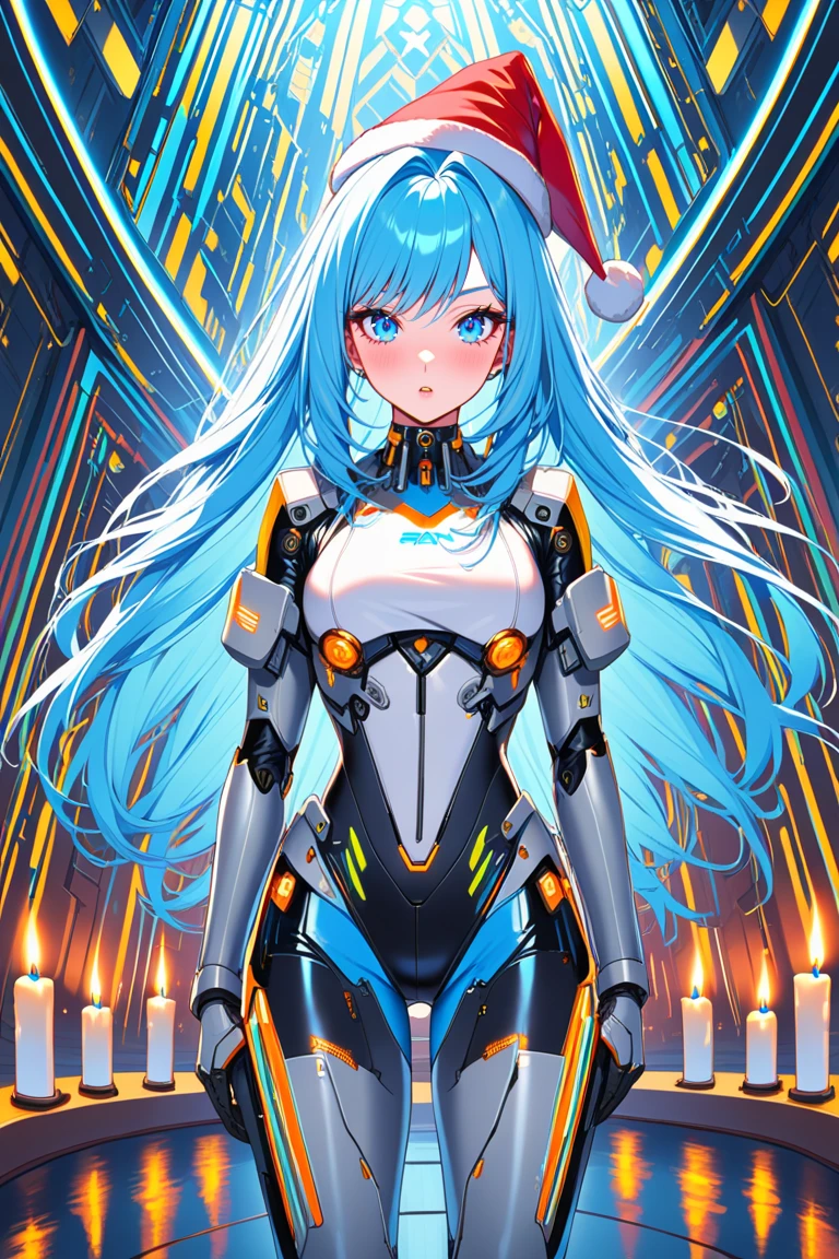 Candlelight, cyberpunk holiday theme, sarah, reflective exosuit, futuristic santa hat, long hair, blue eyes, blue hair