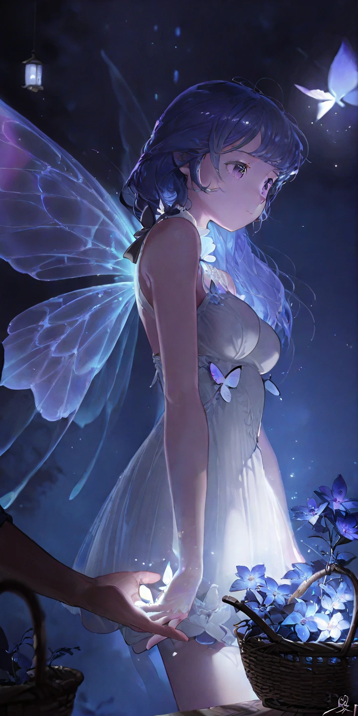 close-up, upper body,
1girl, basket, blue hair, blue, bug, butterfly, flower, glowing, holding hands, insect, lantern, long hair, looking away, medium breasts, night, purple eyes, scenery, short dress, signature, solo, standing, wings, white dress
dot nose  <lora:digital_paint:1>