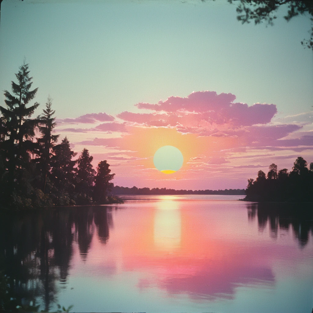 <lora:50sPanavisionMovieSDXL:1> ArsMovieStill, Movie Still From Colored 1950s Super Panavision 70 Movie, The image shows a beautiful sunset over a body of water with trees in the foreground. The sky is painted with a mix of vibrant oranges pinks and purples and the sun is setting in the background. The water is calm and still reflecting the colors of the sky. The trees are silhouetted against the sky adding to the peaceful atmosphere of the scene., no humans, sky, scenery, outdoors, cloud, sun, tree, sunset, horizon, plant