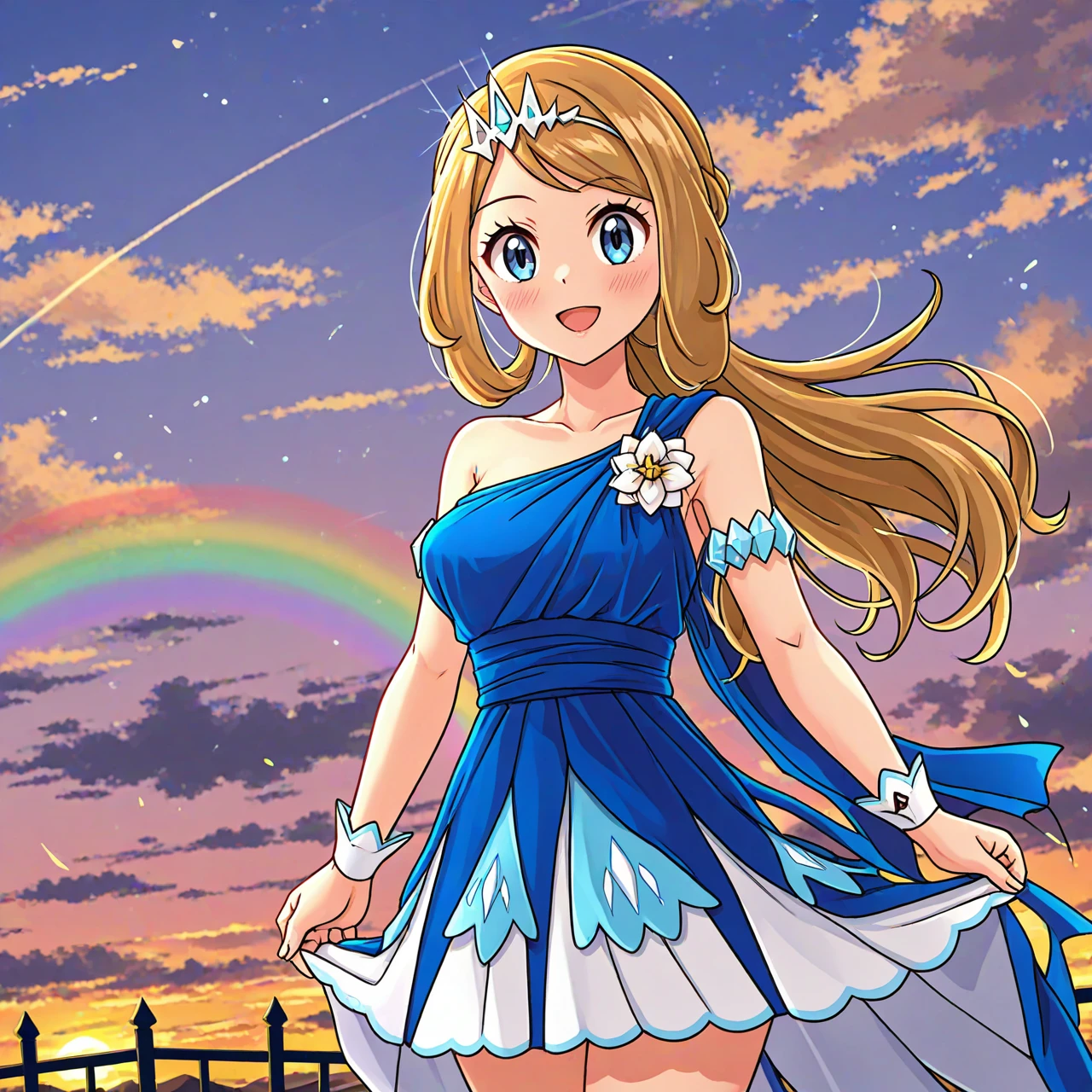 hinosaki, (1girl), solo, standing, rainbow, clouds, colorful,
cowboy_shot, character age 20, mature_female, arms_at_sides,
long hair, looking at viewer, blush, smile, open mouth, bangs, blue eyes, blonde hair, brown hair, dress, bare shoulders, collarbone, ponytail, flower, official alternate costume, wrist cuffs, eyelashes, hair ornament,tiara, blue_dress serena \(pokemon\),masterpiece,amazing quality,very aesthetic,high resolution,ultra-detailed,absurdres,newest,ncserena