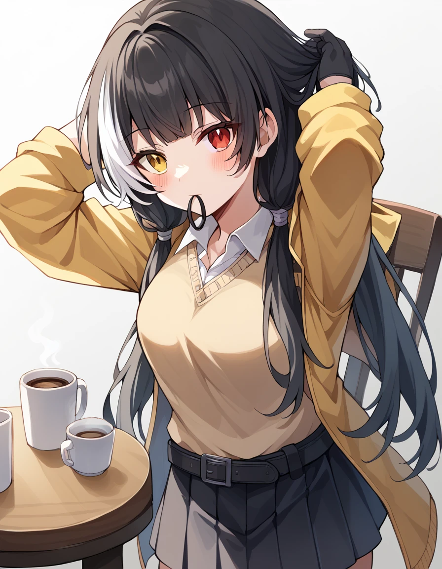 score_9, score_8_up, score_7_up, source_anime, <lora:girlsfrontline-ro635-ponyxl-lora-nochekaiser:1>, ro635, black hair, twintails, heterochromia, red eyes, yellow eyes, streaked hair, white hair, blunt bangs, low-tied twintails, long hair, multicolored hair,, shirt, white shirt, sweater vest, belt, black gloves, black skirt, hood, hood jacket, jacket, kneehighs, pleated skirt, over-kneehighs, skirt, thighhighs, yellow jacket,, cafe, coffee, table, chairs, casual, , <lora:hair-tie-in-mouth-ponyxl-lora-nochekaiser:1>, hair tie in mouth, hair tie, mouth hold, rubber band, blush, tying hair, adjusting hair, hands in hair, arms up, arms behind head, ponytail, hand in own hair, hair lift, cowboy shot, looking at viewer, looking at viewer, solo,, dutch angle, cowboy shot