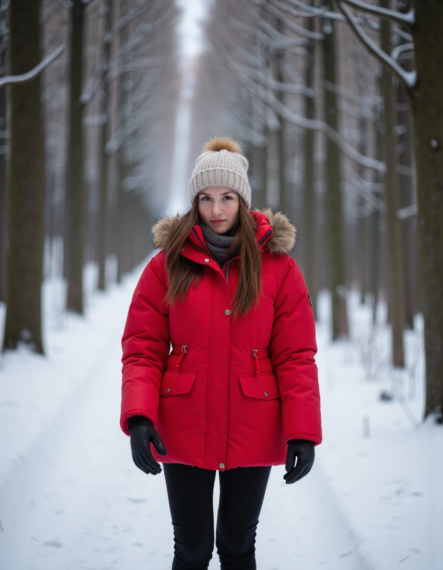 woman, ilaydaakdogan,Walking through a snow-covered forest wearing a red puffer jacket,  <lora:ilaydaakdoganmini:1>