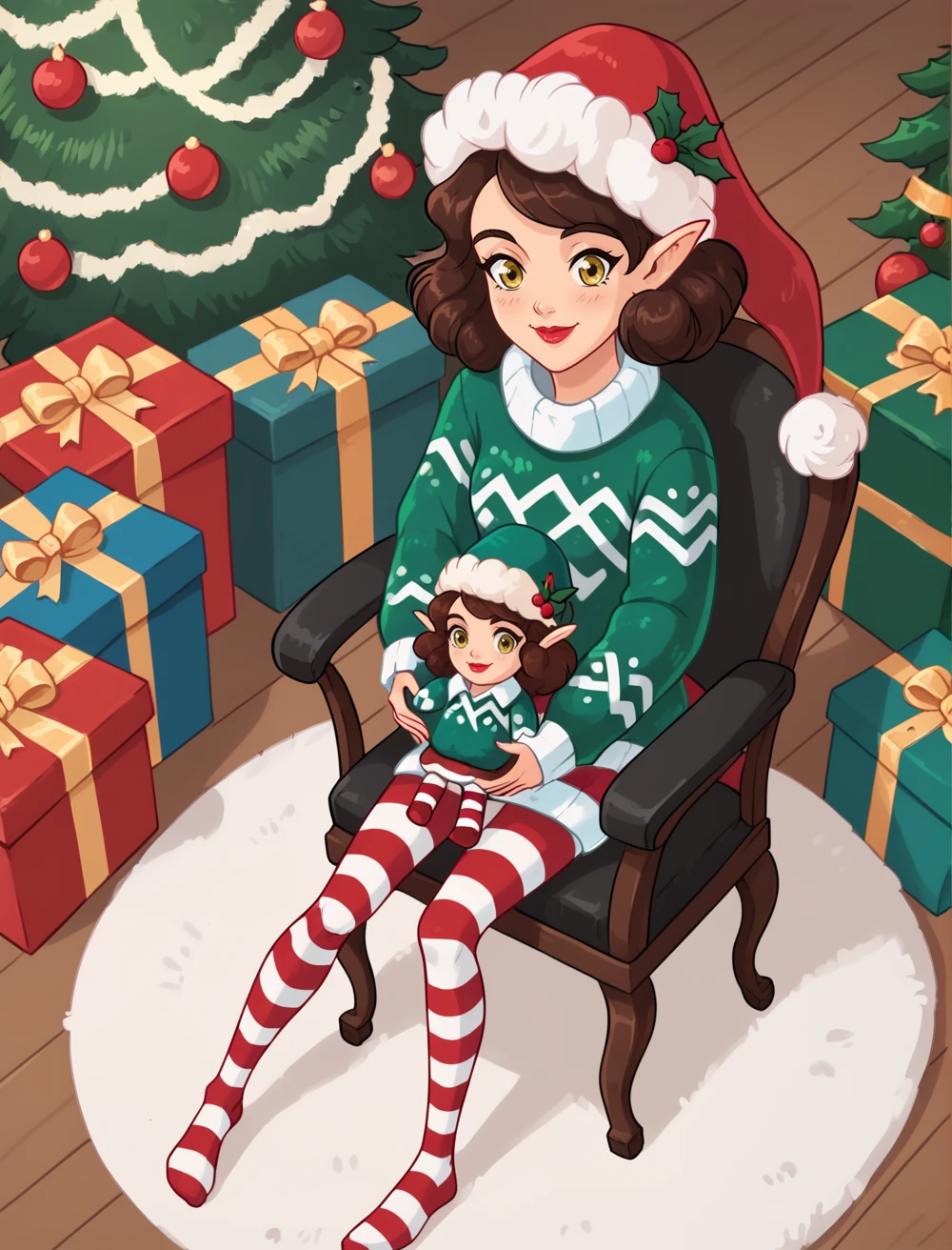 score_9, score_8_up, score_7_up, best quality, 2d, masterpiece, hires, PenelopeTheElf, 1girl holding character doll, solo, brown hair, yellow eyes, pointy ears, red lips, sweater, striped pantyhose, santa hat, indoors, in room, christmas decorations, christmas tree, presents, open presents, from above, sitting on chair, happy, closed mouth, carpet, <lora:holding_fufu_pony_d16:1> <lora:PenelopeTheElf:0.8>