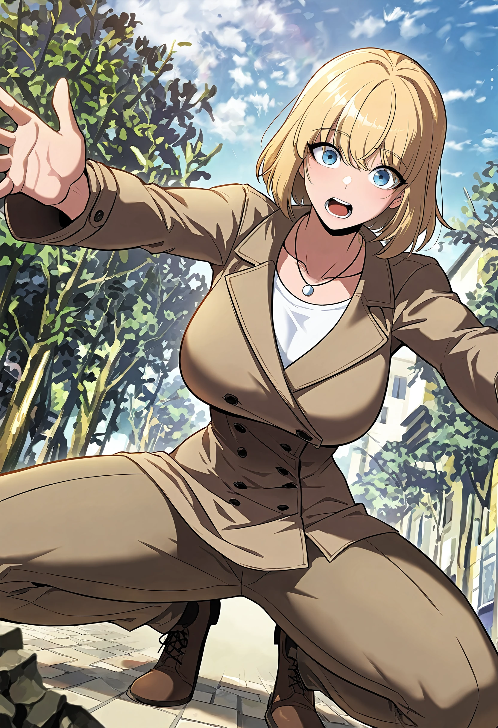 masterpiece, best quality, amazing quality, very aesthetic, absurdres, newest, scenery, 1girl, solo, huge breasts, surprised, open mouth, <lora:Teresa du Laurentia illustxl:0.9>blonde hair, blue eyes, short hair, necklace, brown coat, collarbone, long sleeves, double-breasted, white shirt, brown pants, spread legs, squatting, (from below:1.1), outstretched arms, park, outside, looking at viewer, shiny skin, masterpiece, best quality, amazing quality, very aesthetic, absurdres, newest, scenery