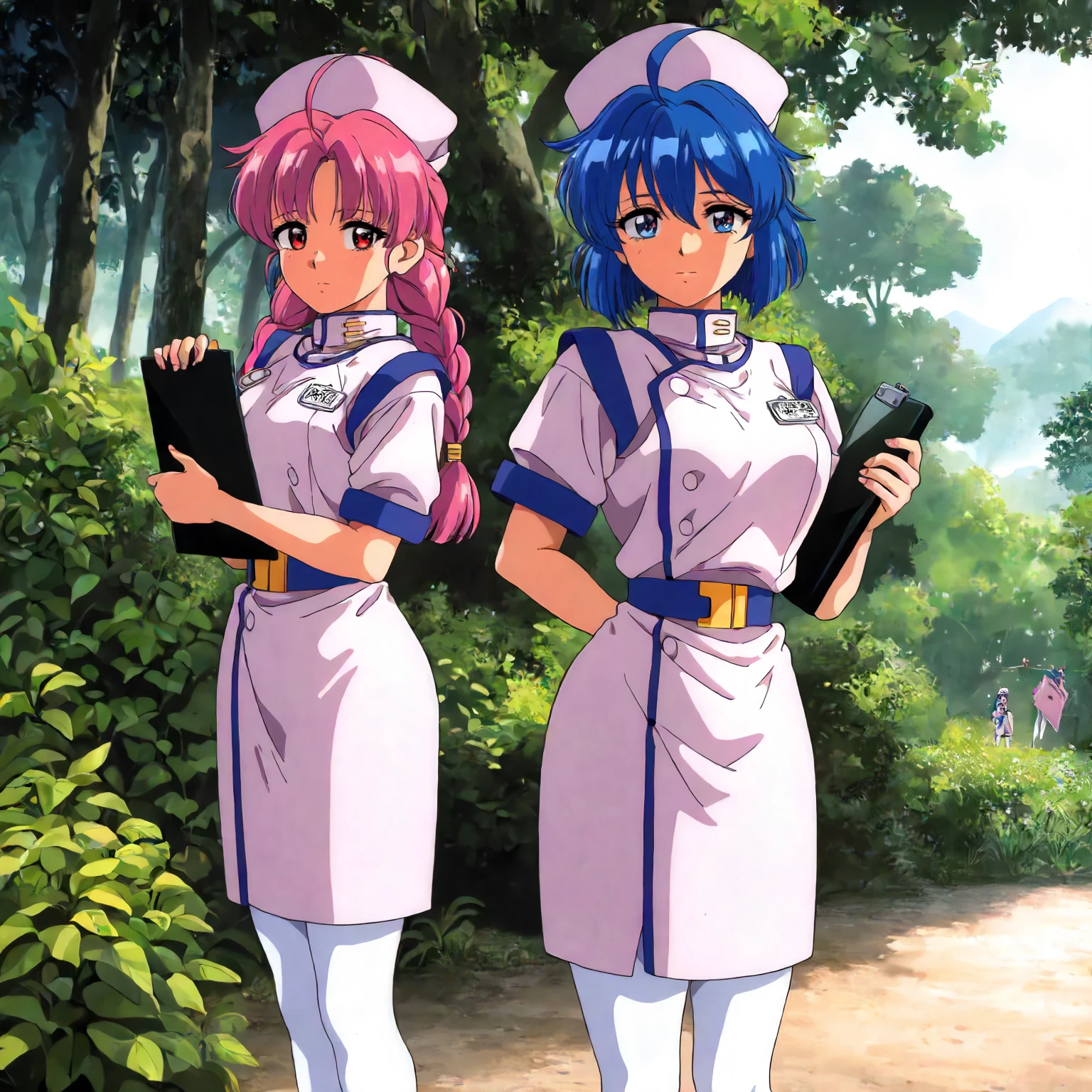 <lora:NBnH_RieAndChisatoXLIllustrious001:0.8>,
masterpiece,best quality,good quality,newest,
detailed background,nature,
looking at viewer,
2girls,
ChisatoMamiya,blue hair,short hair,blue eyes,
nurse_cap,nurse,
belt,
skirt,
white_pantyhose,
standing,
BREAK
masterpiece,best quality,good quality,newest,
detailed background,nature,
2girls,
RieMakino,pink hair,ahoge,twin braids,long hair,red eyes,
nurse_cap,nurse,
belt,
skirt,
white_pantyhose,
standing,