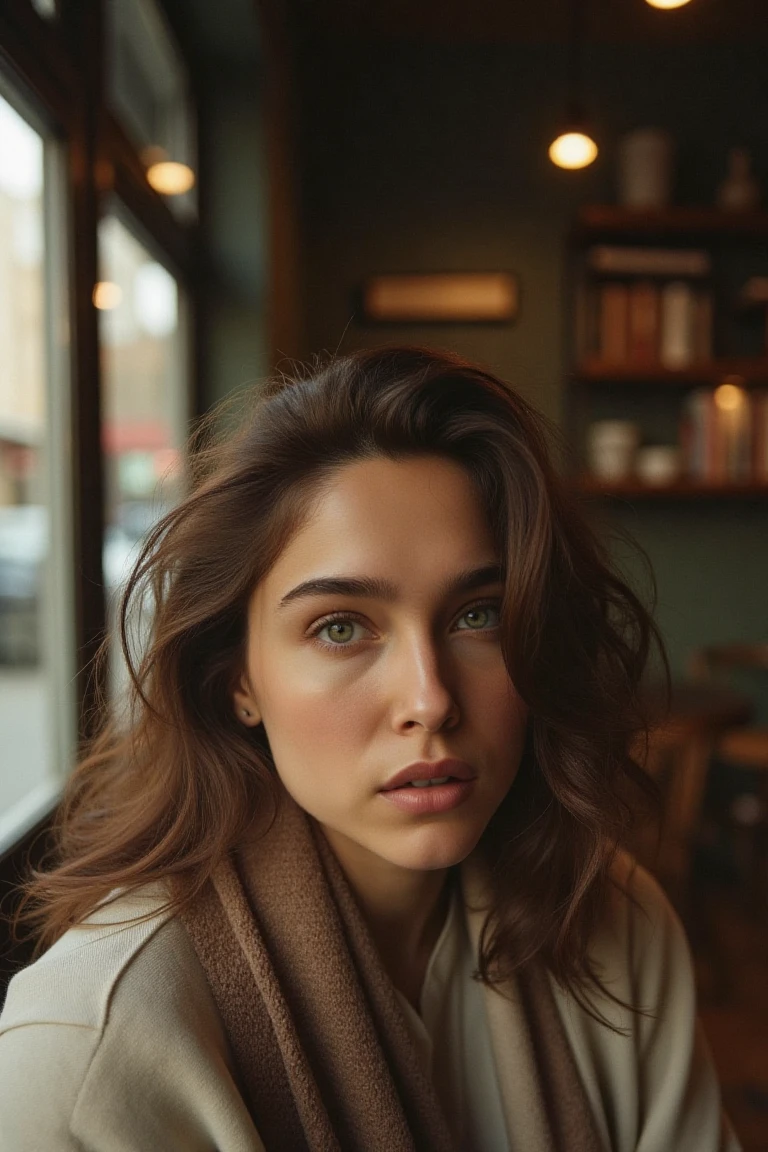 A beautiful photo of a woman captured on a high end camera. She is sitting in a cozy café, with a relaxed and contemplative expression. Her outfit is casual yet stylish: a light sweater and a scarf draped casually over her shoulders. The soft, ambient light from the window gently illuminates her face, casting natural shadows that accentuate her features.

The background is slightly blurred, featuring rustic wooden tables, a few books on a shelf, and the warm glow of hanging lights. The photograph has a timeless, nostalgic quality, with the characteristic grain and rich colors of analog film, evoking a sense of intimacy and authenticity. Her genuine, unposed moment in this everyday setting is captured with warmth and simplicity.