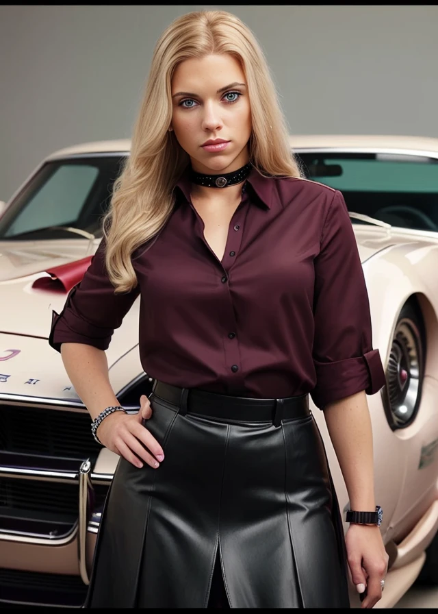 <lora:sc4rj0_SD15_SGX:1>,(medium close-up) photograph of (beautiful 24 year old) (sc4rj0:1.2) woman with blond hair,as a auto show model,wearing (burgundy blouse with black maxi skirt),beaded bracelets,(standing in front of a cherry red shelby cobra),in a (1970s car dealership:1.2) showroom filled with colorful and stylish muscle cars,face focus,sharp focus,depth of field,facing viewer,photorealistic,rich details,clear shadows and highlights,realistic,intense,highly detailed,