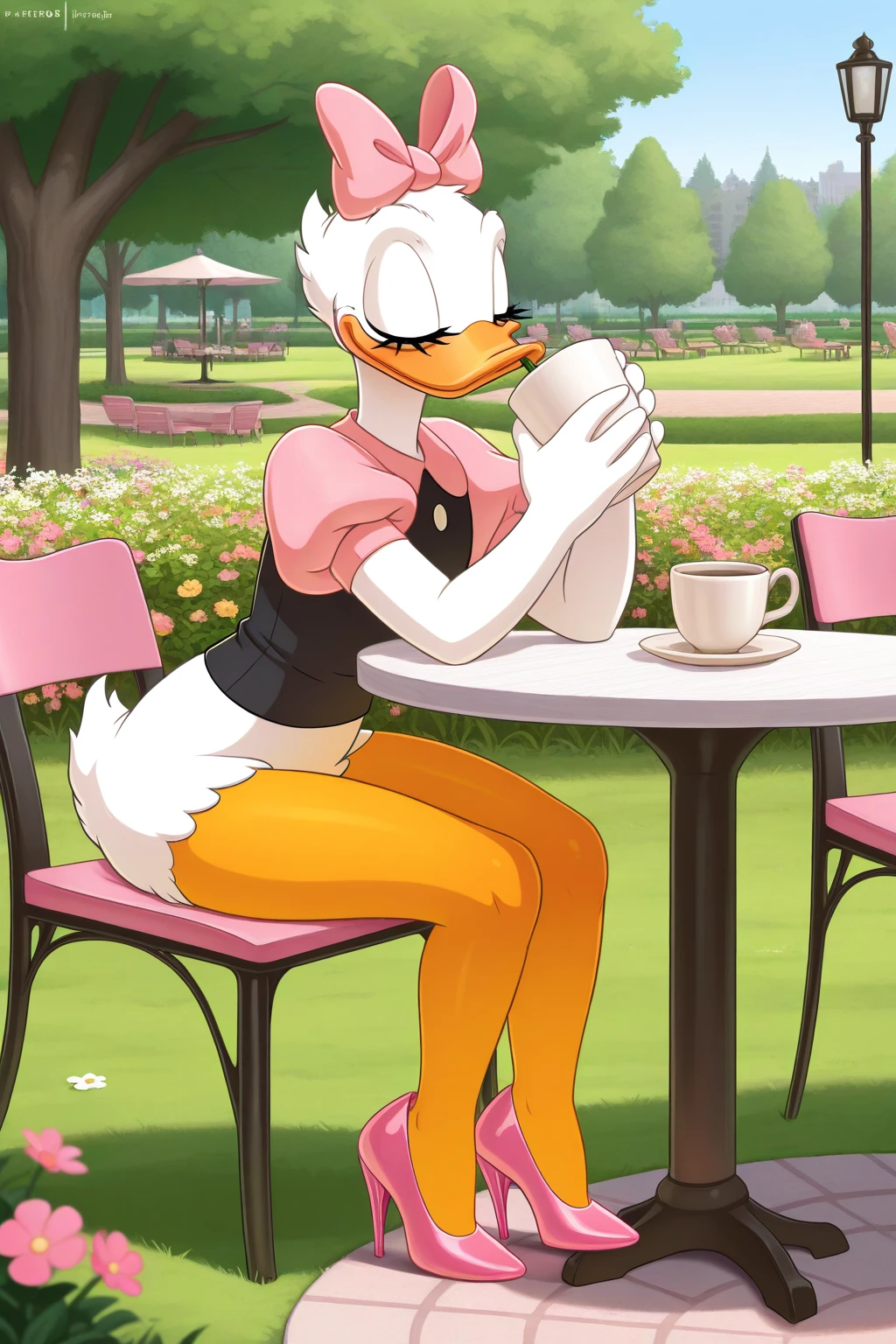 masterpiece, best quality, amazing quality, absurdres, daisyduck, solo, uncensored, sitting, closed mouth, drinking, holding cup, relaxing, closed eyes, white plumage, white feathers, orange legs, pink ribbon, puffy sleeves, short pink sleeves, black shirt, pink stiletto heels, outdoors, cafe, park, grass, flowers