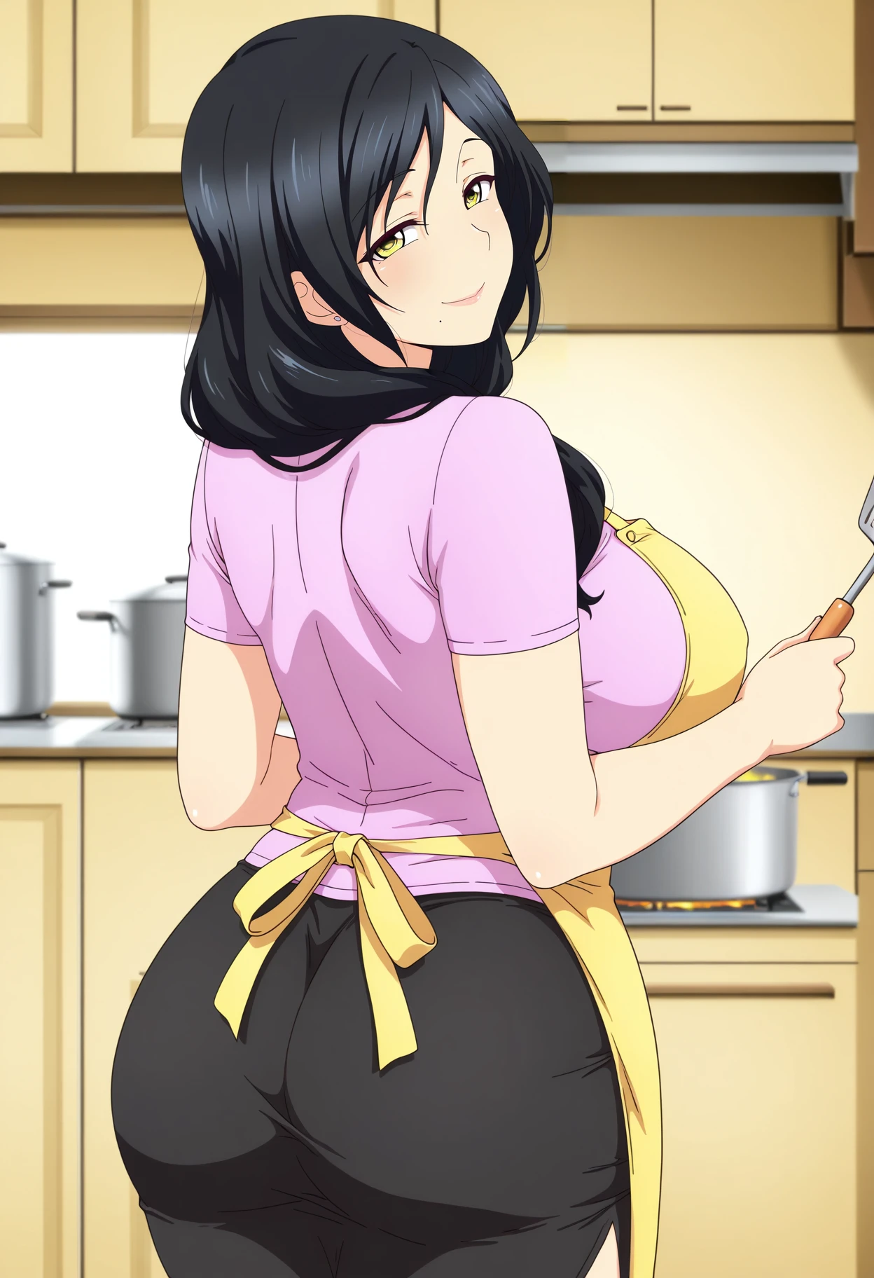 (超High resolution,4K,Very detailed, photograph, 8k, High resolution, High resolution, Absurd:1.2),40-year-old Japanese woman,expensive,Long black hair,Beautiful character design,Beautifully detailed eye depiction,Perfect Face,Expressive eyes,Brown eyes,blush,smile,Smiling with teeth showing,(Naked Apron:1.6),(Huge saggy breasts:1.2),Tight waist,(Wide Hips:1.4),In the kitchen with a window,Daytime,Are standing,Hip protruding pose,(From the back:1.1)