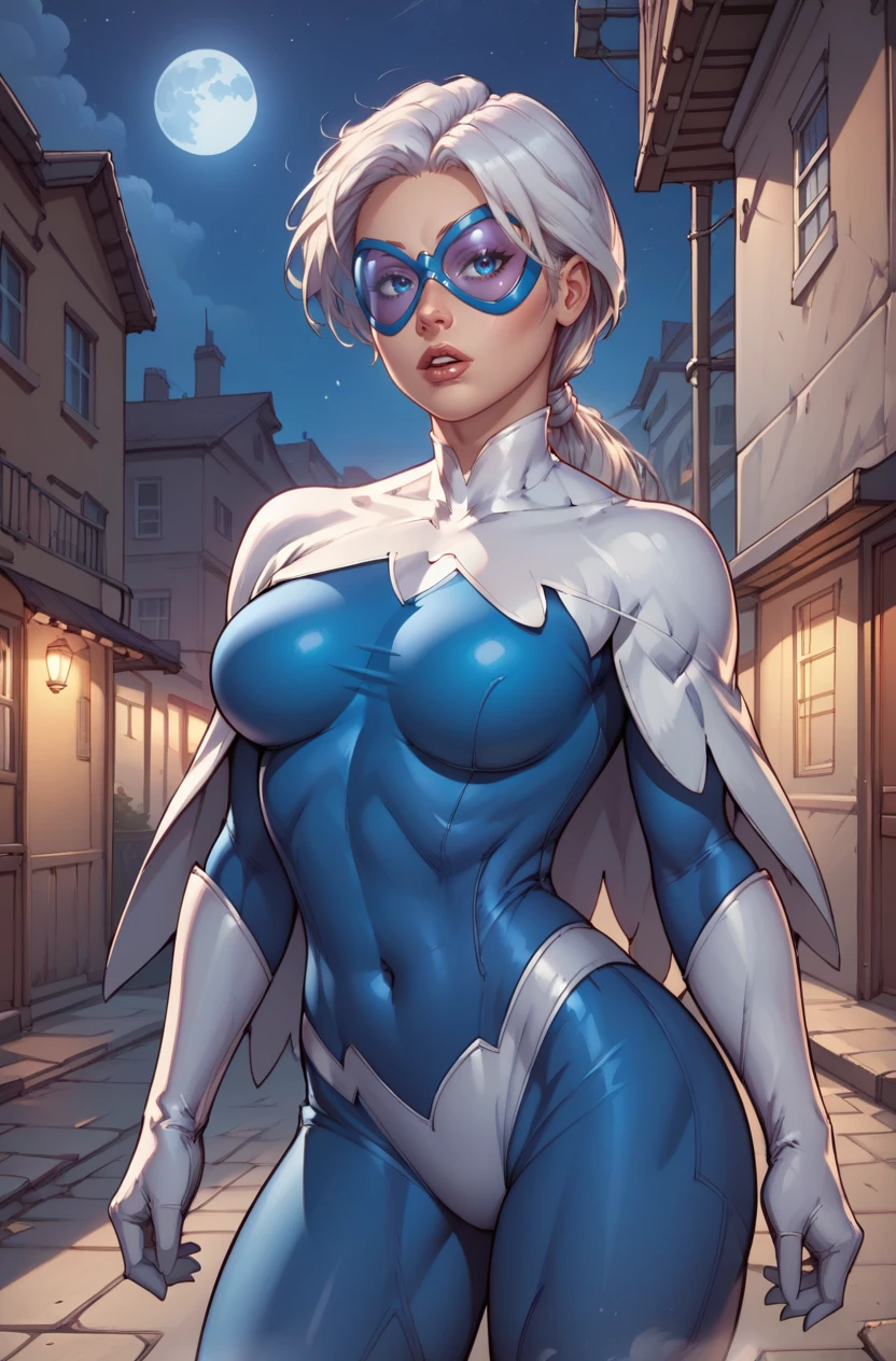 score_9, score_8_up, score_7_up, score_6_up, masterpiece, high quality, perfect face, perfect eyes, Dawn, 1girl, long hair, white hair, ponytail, blue goggles, tinted eyewear, white gloves, halterneck, bodysuit, knee boots, cape, covered navel, skin tight, parted lips, outdoors, night, night time, alleyway, dark
<lora:DawnGranger-100reps:1>