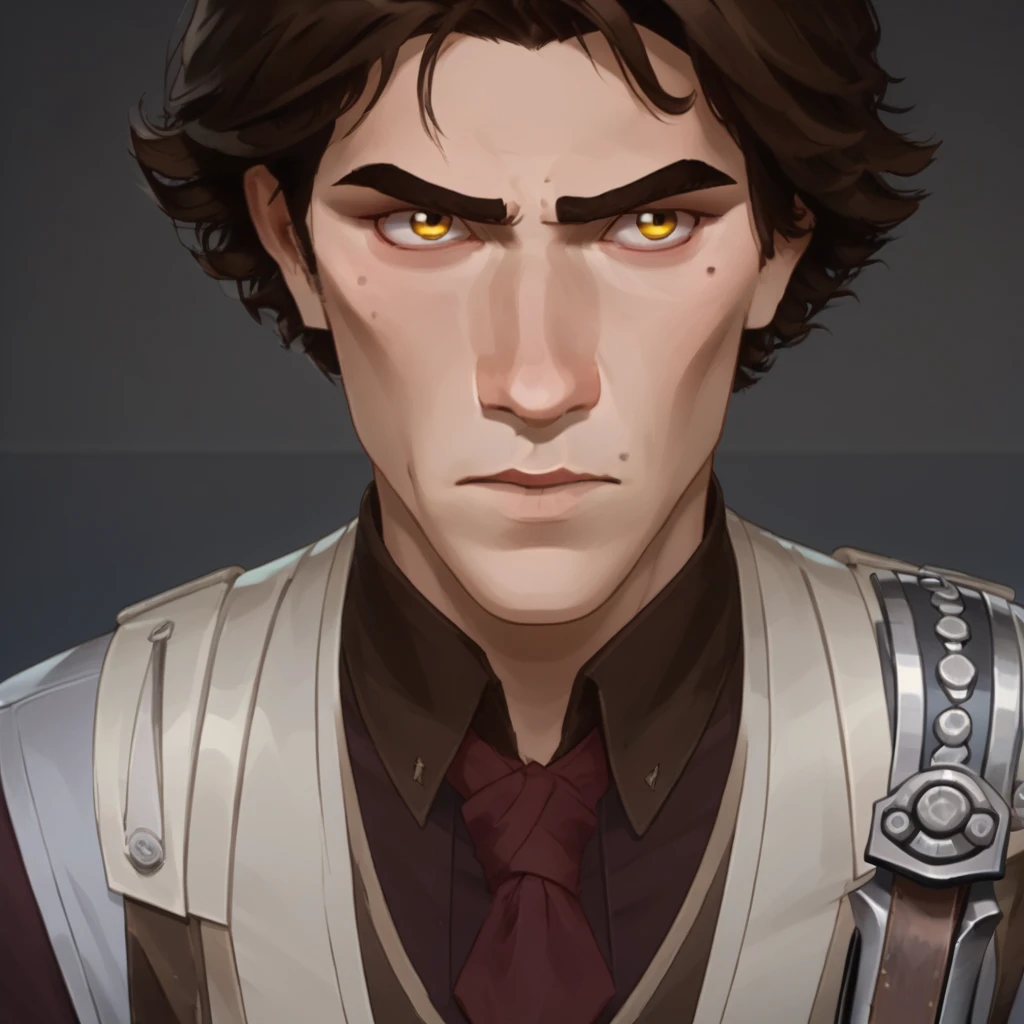 viktor_arcane, brown hair, mole, cheekbones, hot, bust shot, amber eyes, standing, holding cane, prosthetic cane, male, frown, chest, upper body