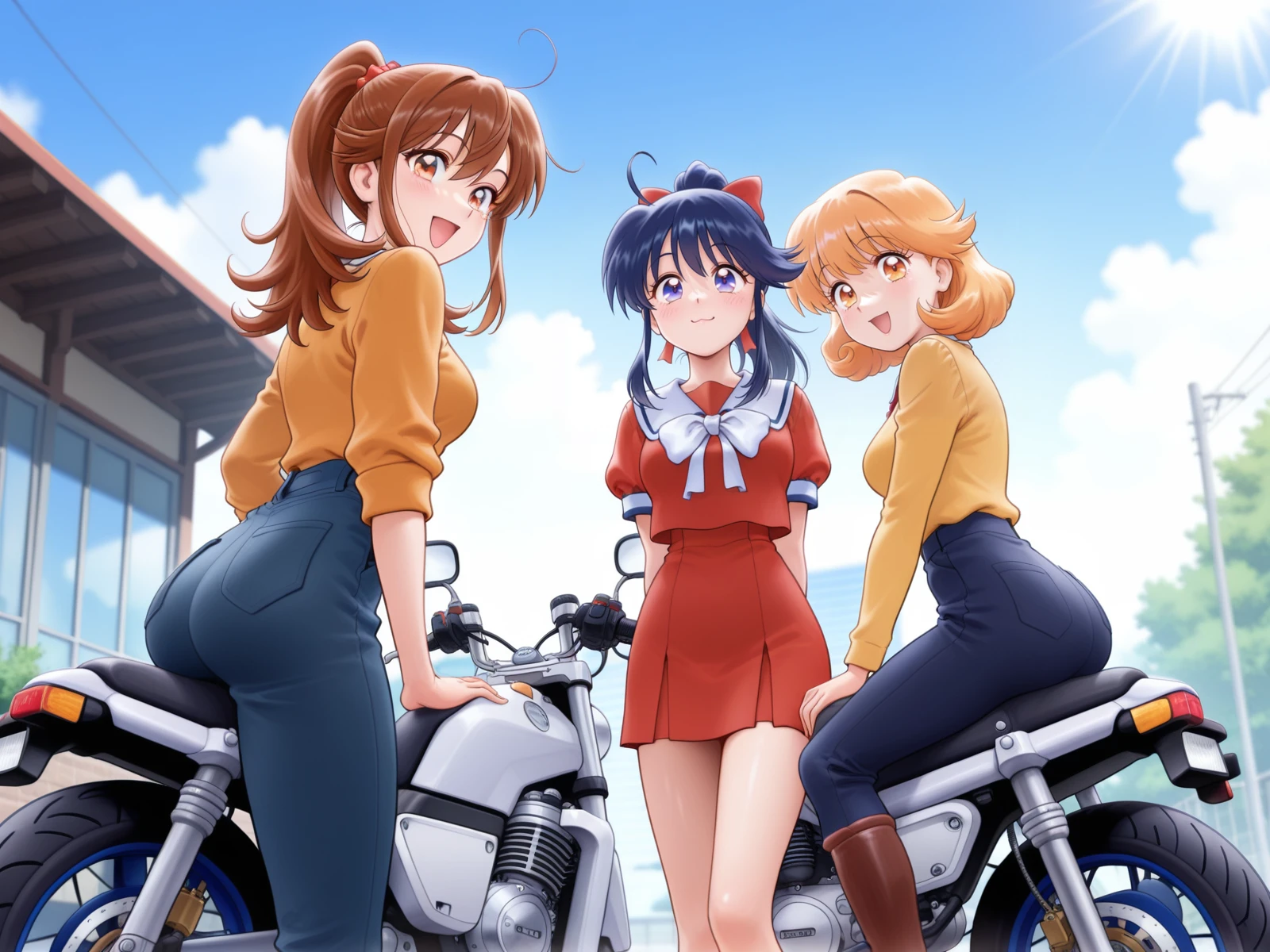 very awa, masterpiece, best quality, newest, highres, absurdres, cute face, shiny hair, ultra detailed eyes, (cowboy shot:1.2), kazuka tokio, (3girls), a girl mizuki mai sitting on motorcycle, other girl kazane mai sitting on small scooter motocompo, (other girl standing:0.5), datch angle, outdoors, cluttered and beautiful detailed background,<lora:kazuka_tokio_bikids_kazagake_shohjogumi_illustriousXL_20241209:0.8>