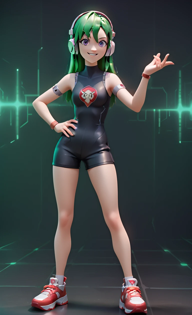 1girl, solo,
score_6, score_7, score_8, score_9, masterpiece, best quality, highly detailed, 
 <lora:Casi_Charu_Ape_Escape:0.75>, purple eyes, green hair, headphones, black romper,  red and white shoes, ((exposed knees)), 
hand on hip, happy, 
futuristic background, cyber aura,