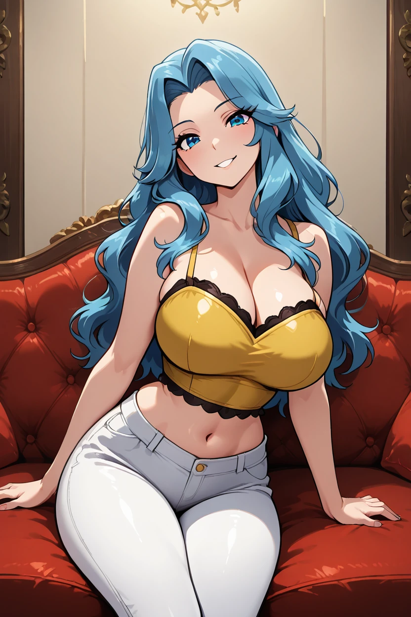 masterpiece, best quality, 1girl, solo, 21 year old model, eyelashes, (beautiful eyes),     ,,,zzKaren, blue eyes, blue hair, long hair, yellow crop top, white pants, high heels, <lora:KarenPokemonIXL:1.0>, BREAK,,,   smile, curvy, head tilt, sitting on couch, looking at viewer, cowboy shot, <lora:SmoothAnimeIXL:0.8>, <lora:princess_xl_v2:0.3>,