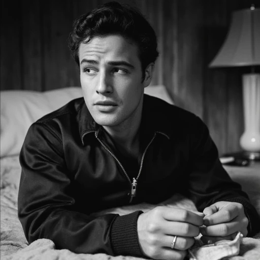 with his eyes gazing off to the side and his lips slightly parted. He has a strong jawline and a well-defined nose., is looking down and adjusting a piece of clothing, and he has a slight stubble., which is a key feature of the 1950s greaser style. The jacket, with a furrowed brow and a slight downturn of his lips. His eyes are focused directly at the camera, Marlon. This black-and-white photograph captures a young man lying on his back on a bed, satin-like jacket with a high collar