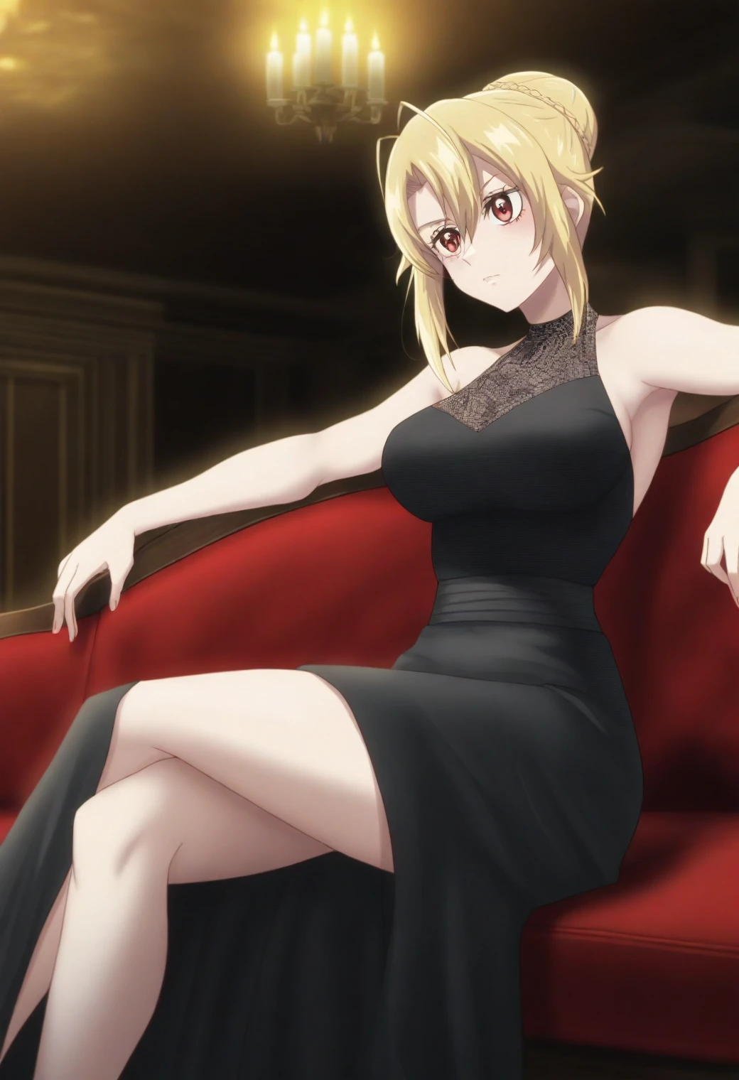 <lora:Angelica Rapha Redgrave - [Otome Game Sekai wa Mob ni Kibishii Sekai desu] - illustriousXL v1:1>, sysdeep_angelica, blond hair, red eyes, solo black silk dress, sitting on a vintage couch, dim candlelit room, dramatic lighting, style parody