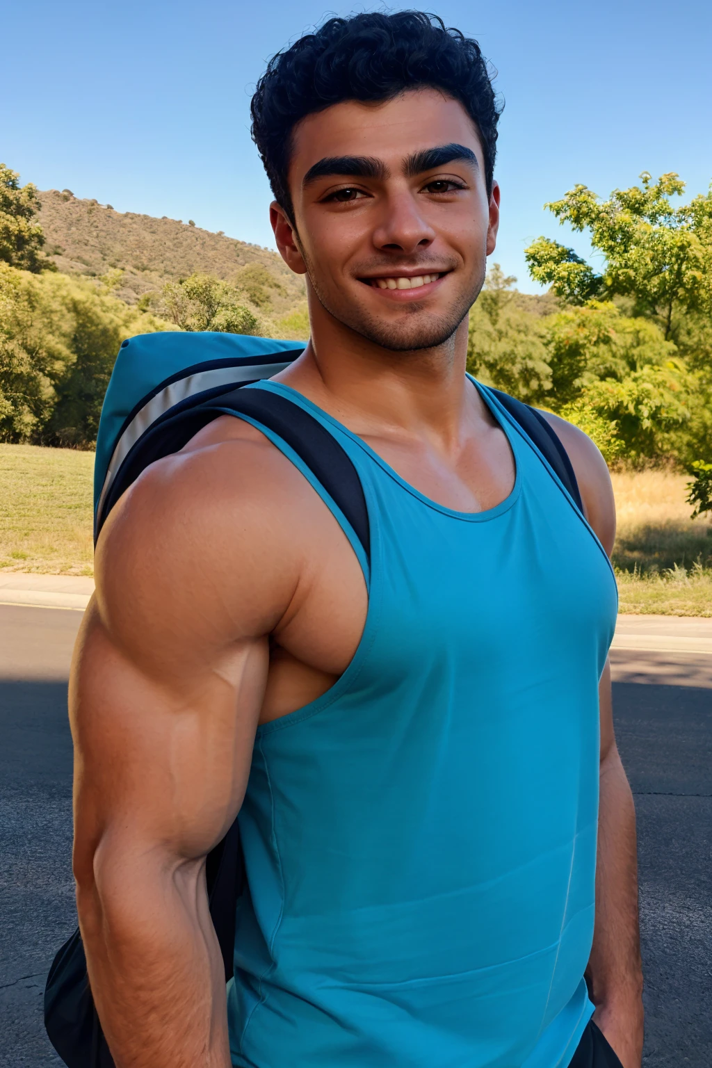 score_9, score_8, score_7, score_6, 
1boy, luis, solo, looking at viewer, smile, black hair, thick eyebrows, male focus, outdoors, bag, muscular, stubble, tank top, wearing backpack, backpack, ature, curly hair, brown eyes, pectorals, side pec, thick eyebrows, from above, sweating, glistening skin, volumetric light, realistic, side pec, biceps, veiny arms, photorealistic, realistic, realism