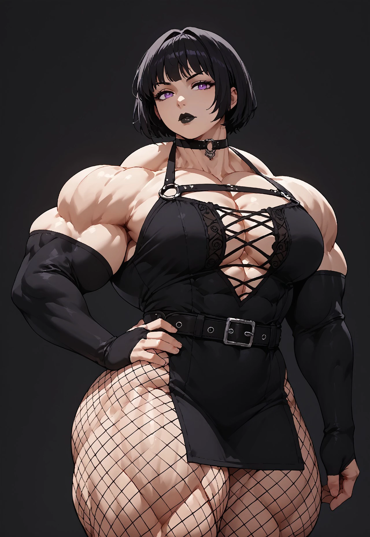 safe_pos, score_9, score_8_up, score_7_up, score_6_up, score_5_up, source anime, BREAK, (1girl), (solo), muscular, muscular female, huge muscles, broad shoulders, wide hips, thick thighs, thick forearms, (ass:0.6), thick arms, large pectorals, short hair, black hair, purple eyes, gothic, black dress, miniskirt, belt, belt buckle, center opening, buckle, fishnets, fishnet legwear, elbow gloves, black elbow gloves, choker, black choker, black lips, narrowed eyes, raised eyebrow, looking at viewer, hand on hip, contrapposto, cowboy shot, straight-on, simple background, dark background