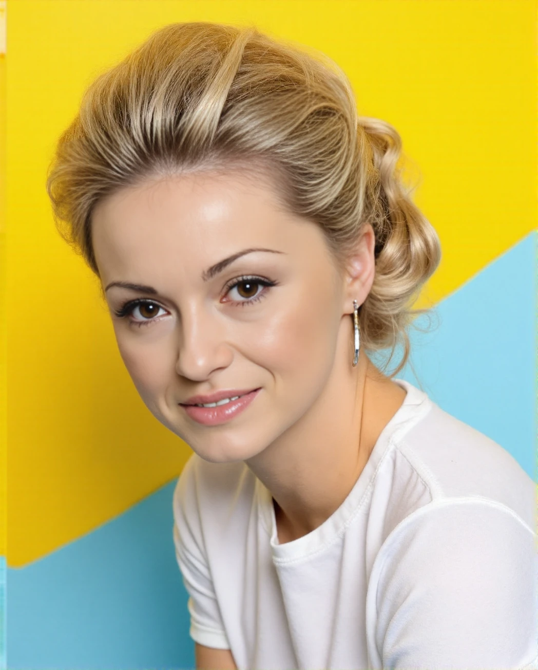 A professional close-up portrait photograph of a young woman Ola_Jordan against a brightly coloured geometric background for her modelling portfolio, tshirt. Blonde hair in an elegant updo, detailed skin, female focus, (SFW)<lora:Ola_Jordan:1>