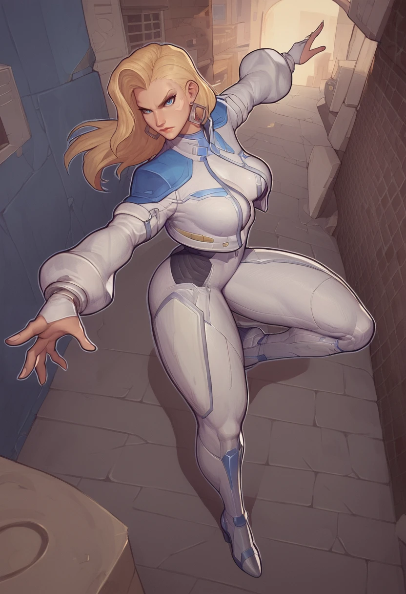 score_9, score_8_up, score_7_up, score_6_up, expressiveh, dagger_rivals, 1girl, solo, full body, blue eyes, blonde hair, long hair, eyeliner, moon mark, earrings, cropped jacket, open jacket, bodysuit, white bodysuit, white clothes, fingerless gloves, blue details, high heels, looking at viewer, action pose, dynamic, white outline, detailed background, city, night, alleyway, urban, <lora:AsuraLycoXL:1> <lora:Dagger_Marvel_Rivals_-_PonyXL:0.7>