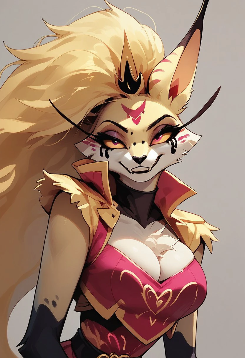 female focus, solo focus, solo, score_9, score_8_up, score_7_up, 1girl, QueenBee4ArmsV2Mastermindoutfit, uniform, cleavage, heart shaped cleavage, extra arms, extra limbs, 4arms, four arms, 4armed girl, furry, furry female, long hair, facial mark, colored sclera, very long hair, animal ears, blonde hair,