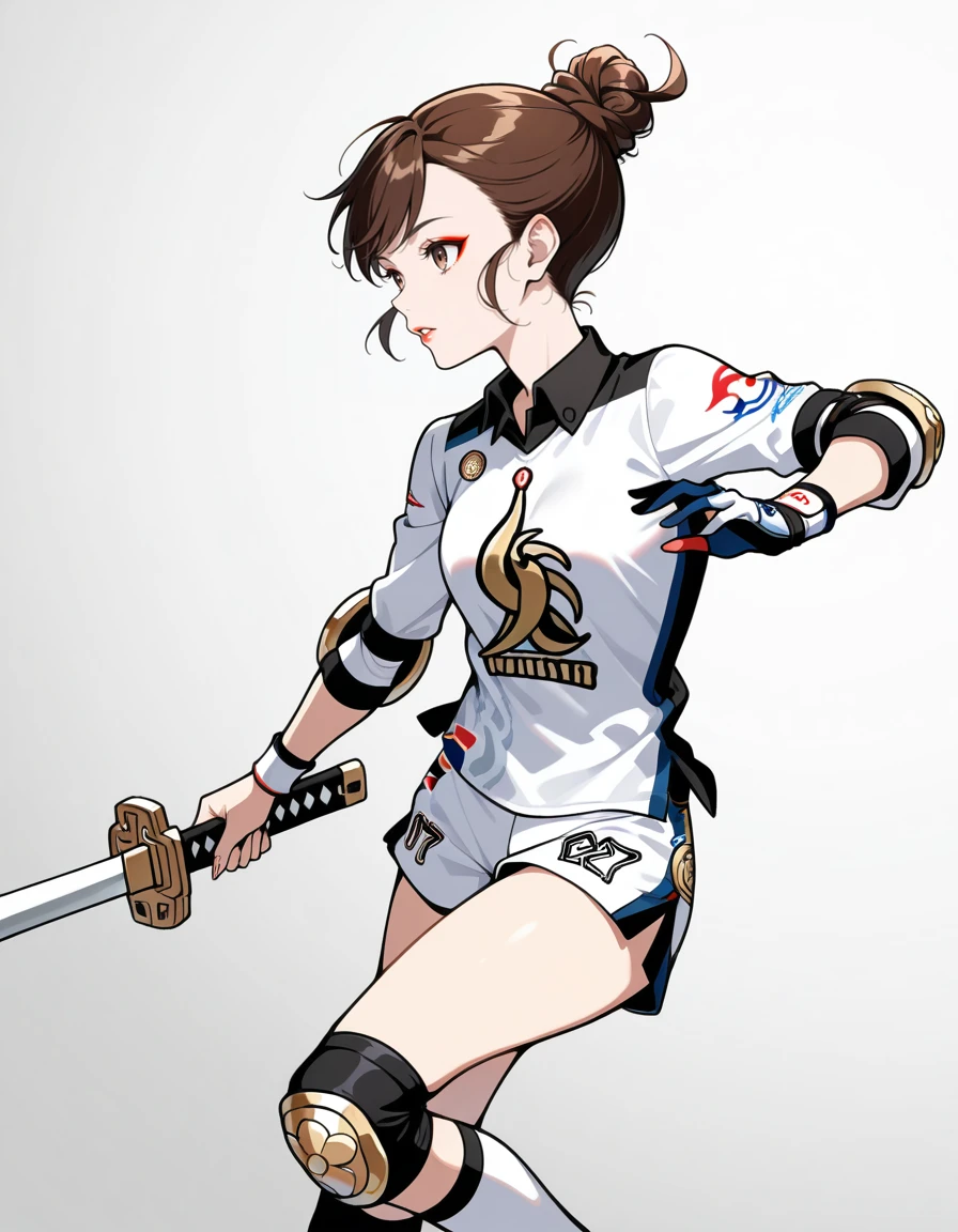 masterpiece, best_quality, absurdres,  <lora:gloria_pokemon_il:1> brown_hair, short_hair, brown_eyes, hair_bun, long_sleeves, collared_shirt, print_shirt, striped_clothes, white_shorts, kneehighs, white_socks, wristband, single_glove, by_wen54, holding_weapon, eyeliner, looking_to_the_side, red_eyeliner, sword, holding, weapon, elbow_pads, sleeveless, parted_lips, makeup, 1girl, solo, holding_sword