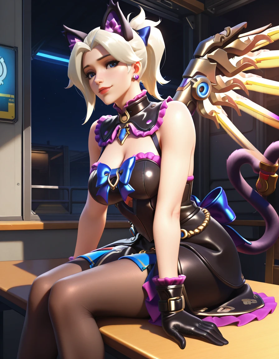 Masterpiece, high-res, 2k, best quality,   1 girl  , mercy (overwatch),  mercy kitty <lora:Mercy Kitty-000040:1> Sitting on the edge of a table or ledge