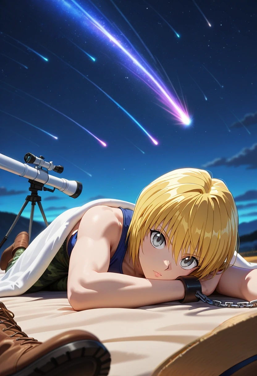 masterpiece, best quality, , (3d:0.4), looking at viewer, depth of field, 1boy, solo, male focus, <lora:kurapika_hxh_ilxl:0.94>, kurapika_hxh, blonde hair, grey eyes, short hair, bangs, hair between eyes, chain, stargazing spot, telescope, meteor shower, blanket, lying down, wonder expression, night sky, Camouflage Sweatpants, Muscle tank, Boots, Boater hat,