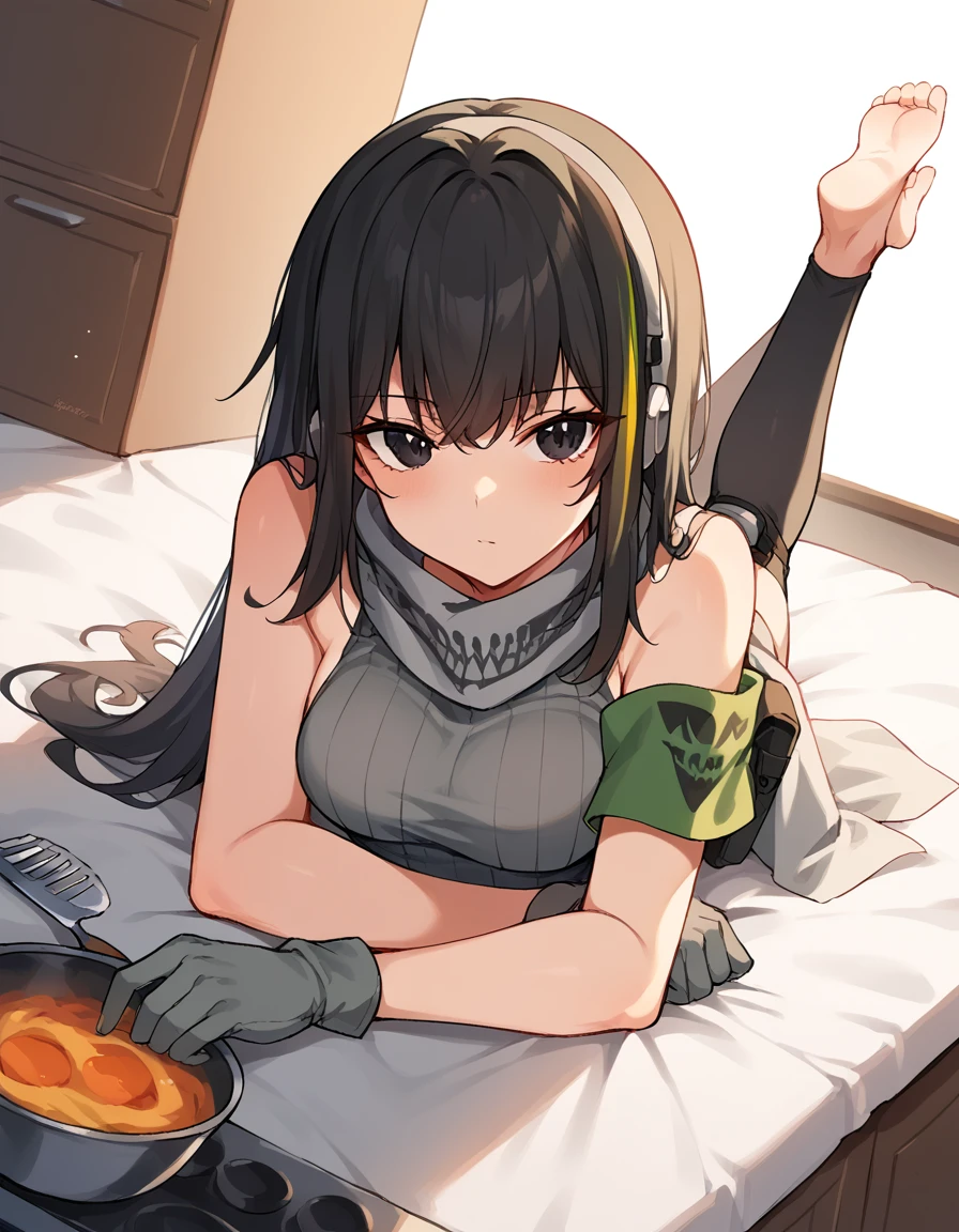 score_9, score_8_up, score_7_up, source_anime, <lora:girlsfrontline-m4a1-ponyxl-lora-nochekaiser:1>, m4a1, black hair, long hair, black eyes, streaked hair, yellow hair, bangs,, armband, black thighhighs, clothes around waist, gloves, grey gloves, grey scarf, headphones, holster, jacket around waist, knee pads, mask, military, scarf, skull mask, strap, thigh holster, thigh strap, thighhighs, leotard, ribbed leotard, sleeveless, grey leotard, mature female, small breasts,, kitchen, cooking, apron, cutting vegetables, home cooking, , <lora:the-pose-ponyxl-lora-nochekaiser:1>, the pose, on stomach, feet up, lying, soles, feet, legs up, head rest, barefoot, looking at viewer, solo,, dutch angle, cowboy shot