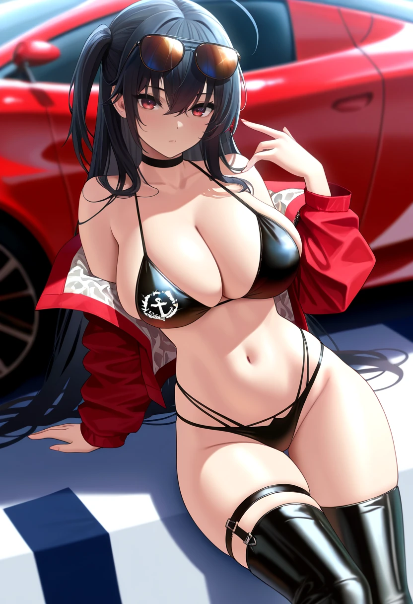 masterpiece, best quality,   <lora:taihou-initium-2:1>    black bikini, black choker, cleavage, highleg bikini, huge breasts, multi-strapped bikini bottom, one side up, race queen, thigh strap, black thighboots, sunglasses, red jacket, black hair, red eyes,