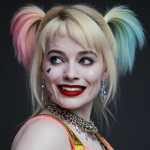 Harley Quinn. The image is a photograph of a woman with a punk aesthetic, blonde hair styled in a bob with bright pink and blue tips, Harley Quinn. The image is a high-resolution photograph featuring a woman with a striking appearance. She has a fair complexion, giving it a playful, Harley Quinn. The image is a photograph of a woman dressed as a character from a comic book or animated series, highly detailed photograph of a woman dressed in a striking costume