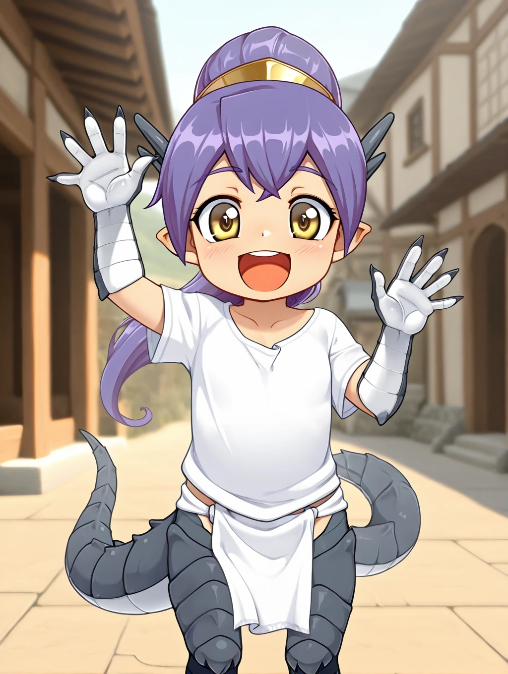 1girl, Papi, purple hair, pony tail, horns, yellow eyes, dragon tail, dragon girl, scales, dragon legs, claws, white shirt, white loincloth,

looking at viewer, standing, waving, happy,

masterpiece, best quality,amazing quality, very aesthetic, absurdres, depth of field, blurry background, extremely detailed face, detailed eyes