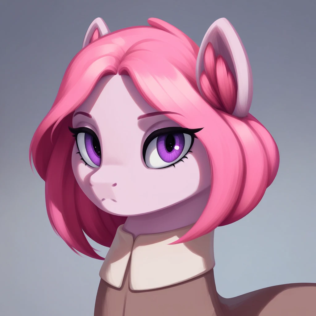 score_9_up, score_8_up, score_7_up, score_6_up, (best quality:1.1), ultra-detailed, high resolution, solo, Fiana_II, pony, mlp, feral, thin eyebrows, purple eyes, long eyelashes, mare, female, pony ears, pink fluff in ears, pale pink fur, short pink mane with red gradient tip, :<, cute, looking at viewer, detailed facial features, portrait, expressiveh, simple background, highly visible, sharp focus, anatomically correct