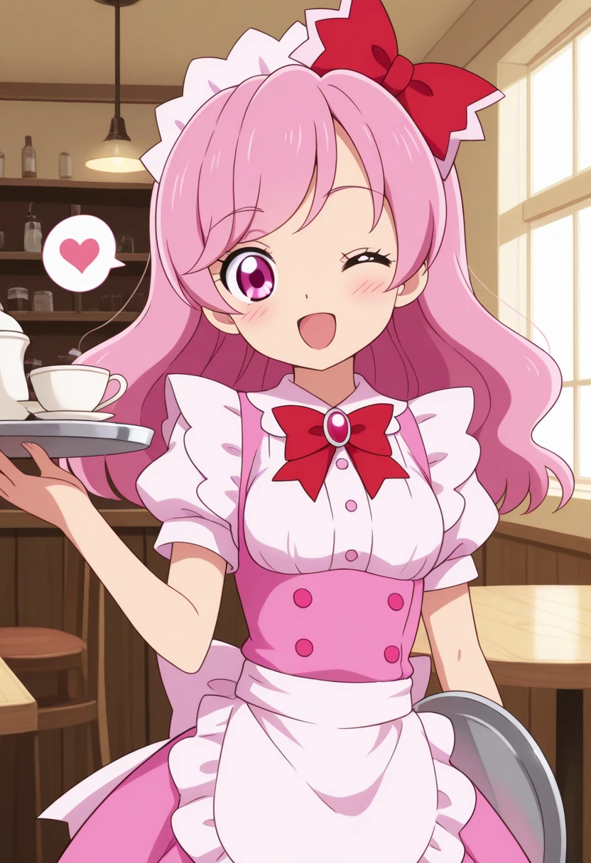 Masterpiece, great quality, humangarnet, jewelpet \(series\), 1girl, pink hair, solo, smile, open mouth, pink eyes, long hair, bow, hair ribbon, cafe, tray, maid outfit, maid headdress, wink, one eye closed, spoken heart, 