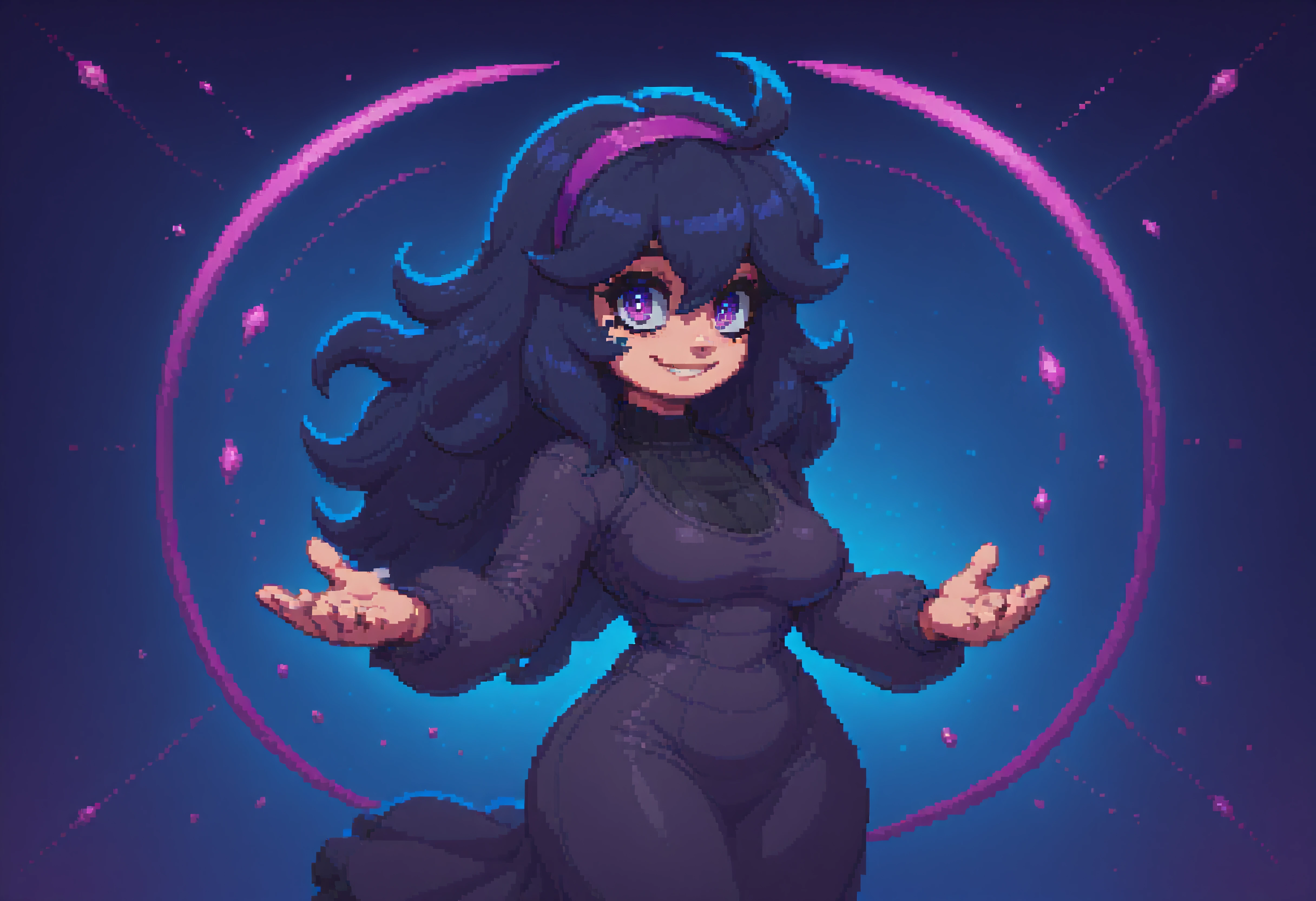 masterpiece, best quality, 32k, high resolution, absurdres, medium breasts, (curvy), cute, eyelashes, vivid colors, hex maniac (pokemon), long hair, purple hairband, purple eyes, large breasts, long dress, smile, looking at viewer, cowboy shot, abstract background, dynamic pose, wind,