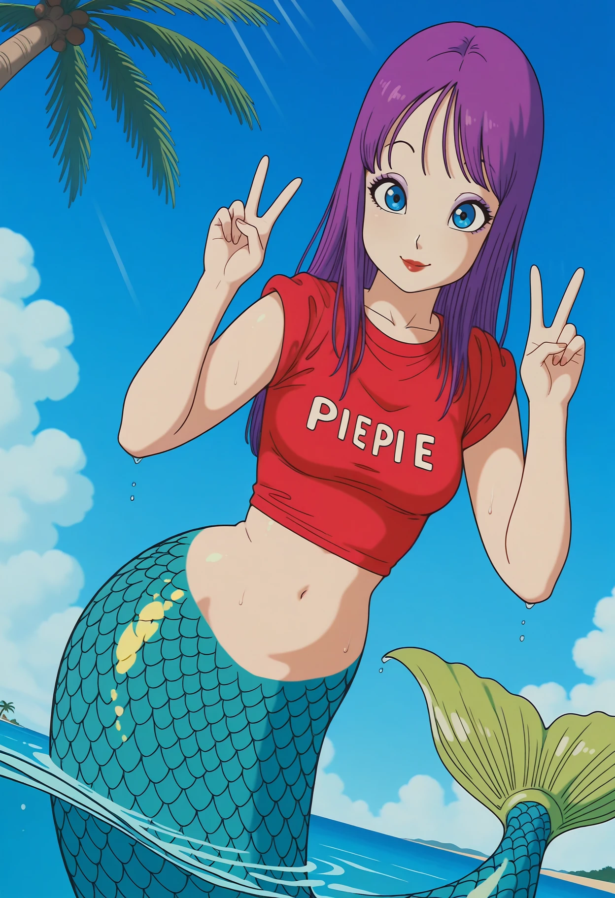 masterpiece, best quality, amazing quality, <lora:DBExtraGirl01MermaidIL:0.8>, DBExtraGirl01Mermaid, 1girl, solo, mermaid, purple hair, long hair, blue eyes, red lips, purple eyeliner, breasts,
red crop top, short sleeves, clothes writing, navel, mermaid tail,
looking at viewer, smile, wading, double v, wet, dutch angle, hands up, from below, wading, close-up, 
BREAK sky, blue sky, light rays, outdoors, palm tree, beach, sunlight, sunbeam,