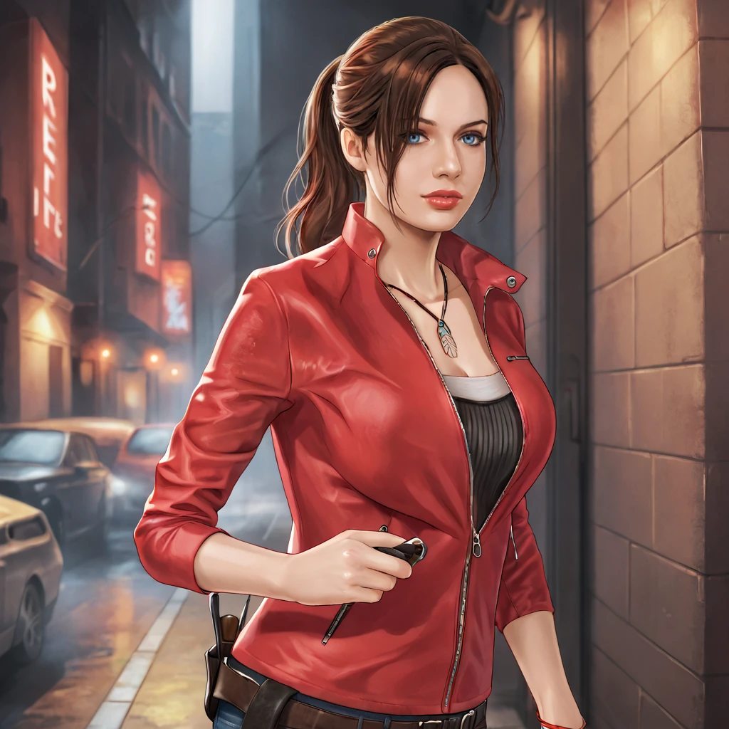 <lora:youngone87_pony_v1:1> score_9,youngone87_style, youngone87, source_artwork,   <lora:clairere2remake_pony_v1:.8> ClaireResidentEvil2Remake, 1girl, large breasts, denim, brown hair, belt, jewelry, red jacket, jeans, pants, ponytail, necklace, long hair, blue eyes, zipper, holster, cowboy shot