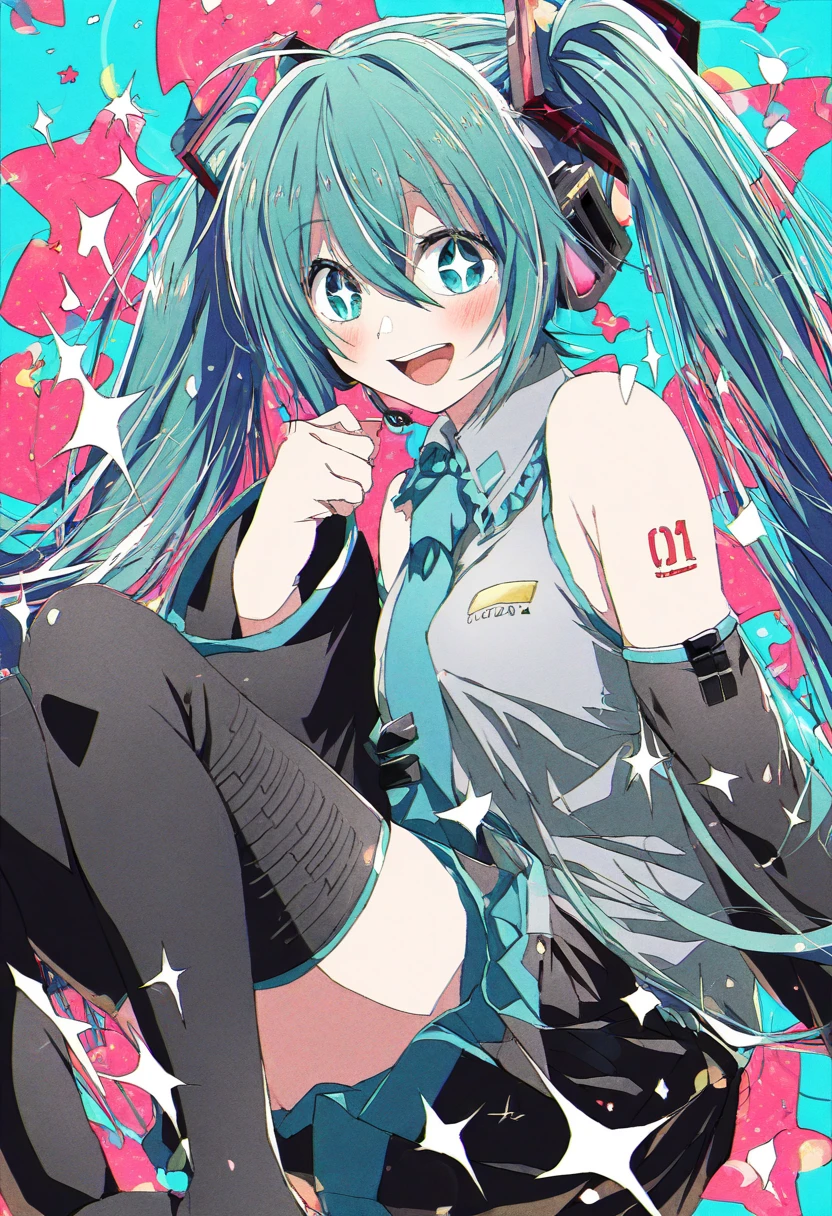 (masterpiece, high quality, amazing detail), year 2024, year 2023, absurdres, highres, very awa, 4b-enpitsu, + +, 1girl, film grain, lens flare, sparkle background, miku hatsune, ahoge, aqua dyes, aqua hair, crossed bangs, hair between eyes, hair ornament, headphones, long hair, twintails, look at viewer, black footwear, black skirt, black sleeves, collared shirt, detached sleeves, grey shirt, necktie, pleated skirt, shirt, sleeveless shirt, thigh boots, tie clip, dynamic angle  <lora:4b-enpitsu_Style_XL:0.35>