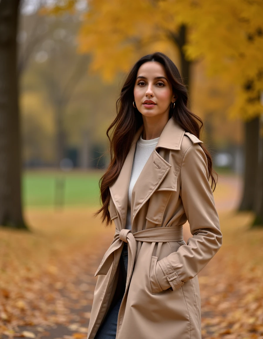 woman, norafatehi,Walking through a park in autumn wearing a beige trench coat, <lora:norafatehi:1>