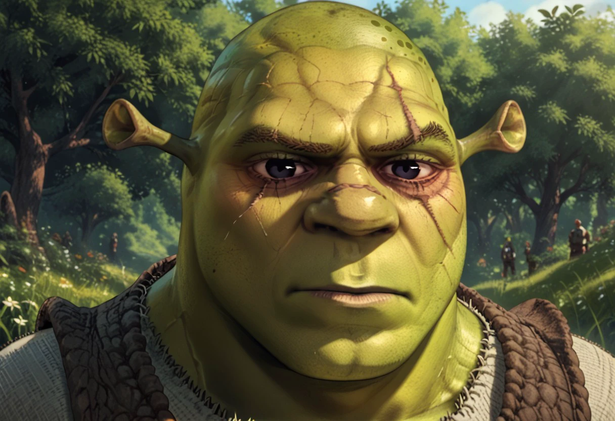 male focus, score_9, score_8_up, score_7_up, 1boy, shrek, green skin, bald, Ogre ears, WitcherToxinV1, veins, scars, scar, Heavytoxin, black eyes,