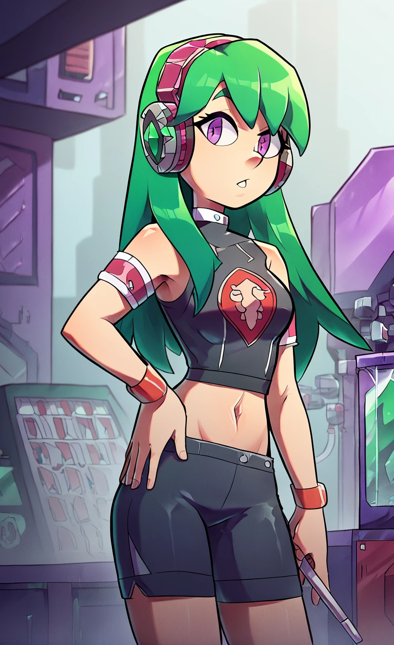 1girl, solo,
score_6, score_7, score_8, score_9, masterpiece, best quality, highly detailed, 
 <lora:Casi_Charu_Ape_Escape:0.95>, green hair, headphones, sleeveless, crop top, spandex shorts, 
holding one short stick,  hand on hip,  midriff, navel, black outfit, white armbands, purple iris,
laboratory, indoor,