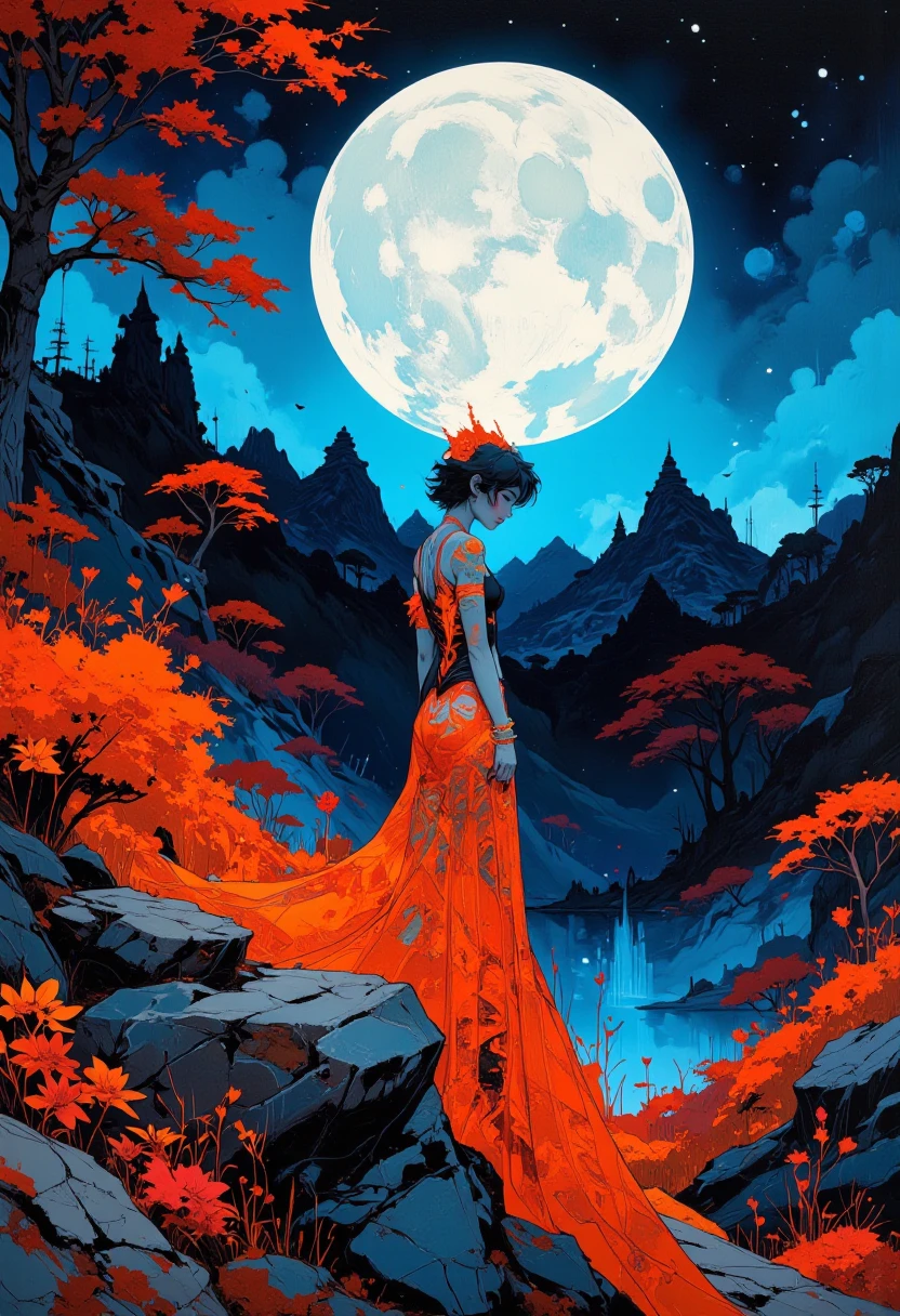 the moonlight in bloom, painting, in the style of bay area figurative art, orange, realist figure painting, landscapes in motion, whistlerian, phoenician art, crimson and blue. Niji style.